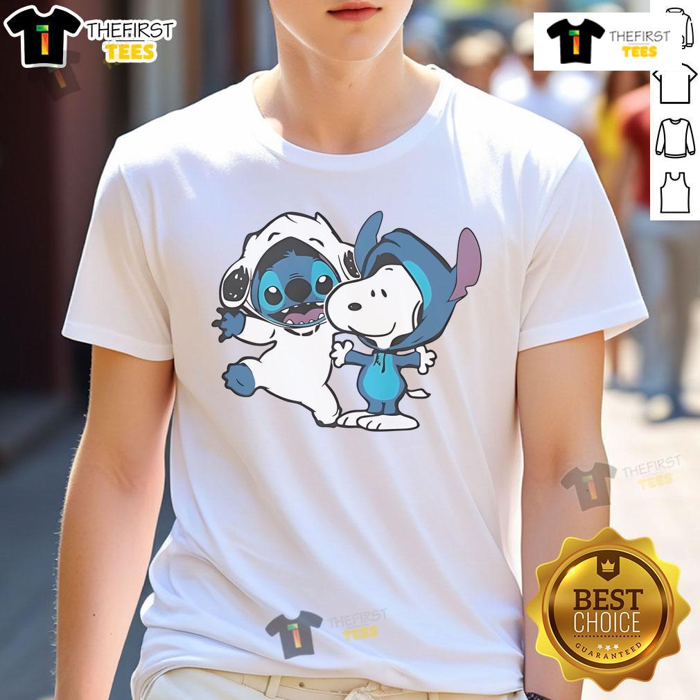 Cute Snoopy And Stitch T Shirt Alt Text: Cute Snoopy and Stitch T-shirt featuring vibrant graphics of the beloved characters, perfect for fans and casual wear.