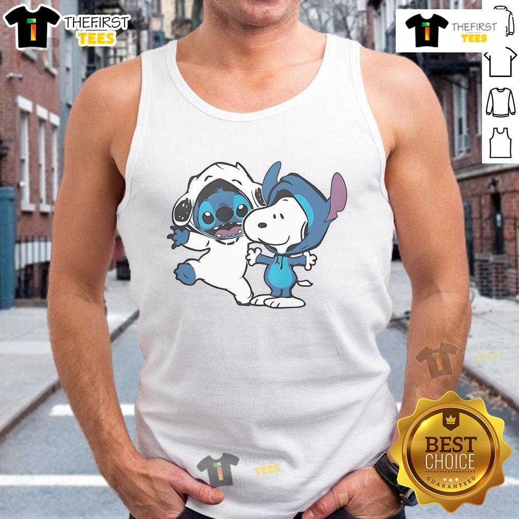Cute Snoopy And Stitch Tank Top Alt Text: Cute Snoopy and Stitch tank top featuring vibrant colors and playful cartoon designs, perfect for casual summer wear.