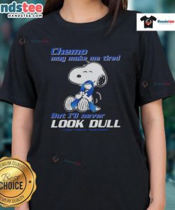Alt Text: Cute Snoopy graphic on a ladies tee promoting colon awareness, highlighting chemo fatigue with a vibrant design.