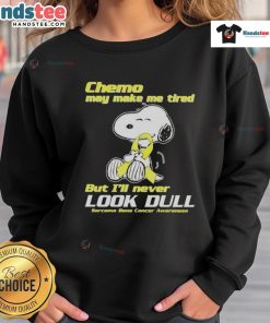 Alt Text: Cute Snoopy sweatshirt for sarcoma bone cancer awareness, showcasing a fun design that promotes positivity during chemo.