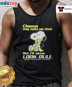 Cute Snoopy tank top promoting sarcoma bone cancer awareness, featuring a cheerful design despite chemo fatigue.