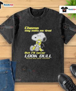 Cute Snoopy graphic on a washed t-shirt for Sarcoma Bone Cancer Awareness, promoting positivity despite chemo fatigue.