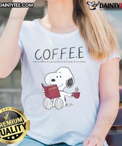 Alt Text: Cute Snoopy coffee graphic on a ladies tee, promoting the message of Christ's forgiveness for everyone everywhere.