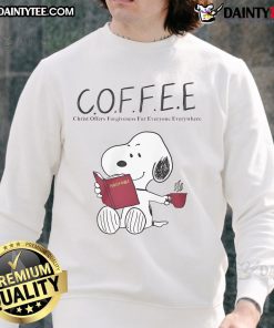 Alt Text: Cute Snoopy coffee sweatshirt featuring 'Christ offers forgiveness for everyone everywhere' design.