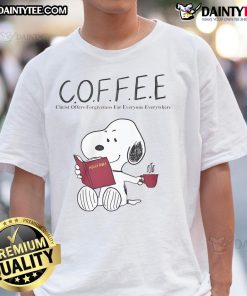 Alt Text: Cute Snoopy coffee Christ t-shirt offering forgiveness for everyone everywhere, perfect for casual wear.
