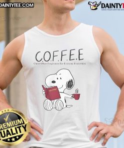 Alt Text: Cute Snoopy coffee tank top featuring 'Christ offers forgiveness for everyone everywhere' message.