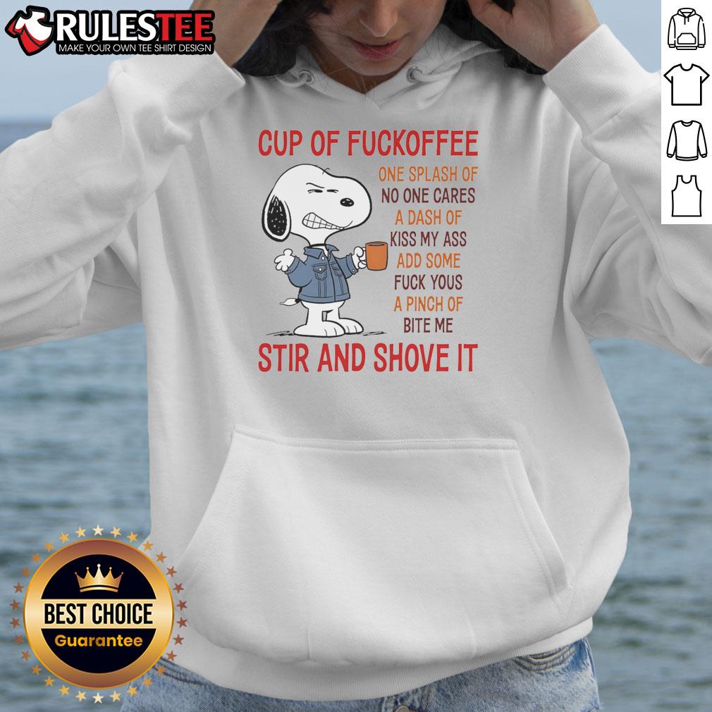 Cute Snoopy Cup Of Fuckoffee One Splash Of No One Cares A Dash Of Kiss My Ass Hoodie Alt Text: Cute Snoopy Cup of Fuckoffee hoodie featuring playful graphics and humorous text for coffee lovers.