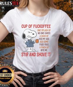 Cute Snoopy cup with 'Fuckoffee' design on a stylish ladies tee, perfect for coffee lovers and Peanuts fans.