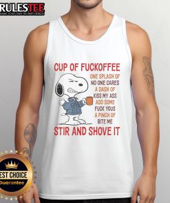 Alt Text: Cute Snoopy tank top featuring Cup of Fuckoffee and playful phrases for coffee lovers and humor enthusiasts.