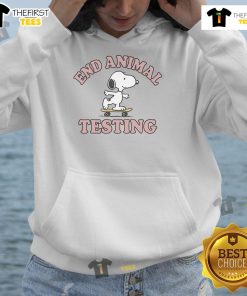 Alt Text: Cute Snoopy end animal testing hoodie featuring a playful design and soft fabric for animal lovers and advocates.