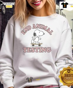 Cute Snoopy End Animal Testing Sweatshirt featuring Snoopy graphic promoting animal rights awareness.