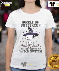 Alt Text: Cute Snoopy Halloween tee with 'Buckle Up Buttercup, You Just Flipped My Witch Switch' design for ladies