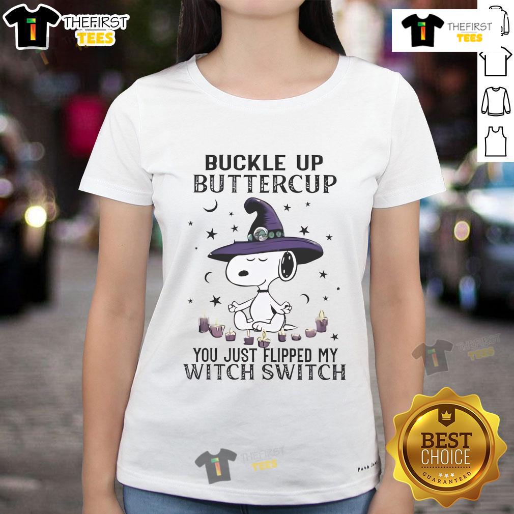 Cute Snoopy Halloween Buckle Up Buttercup You Just Flipped My Witch Switch Ladies-Tee Alt Text: Cute Snoopy Halloween tee with 'Buckle Up Buttercup, You Just Flipped My Witch Switch' design for ladies