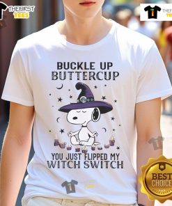 Adorable Snoopy Halloween 'Buckle Up Buttercup' T-shirt featuring a playful witch design for festive celebrations.
