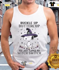 Cute Snoopy Halloween tank top with 'Buckle Up Buttercup, You Just Flipped My Witch Switch' design for festive fun.