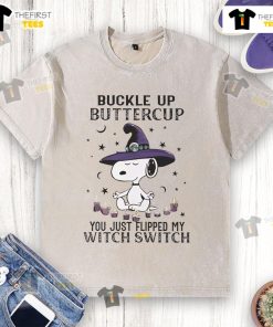 Cute Snoopy Halloween t-shirt with 'Buckle Up Buttercup, You Just Flipped My Witch Switch' graphic design.