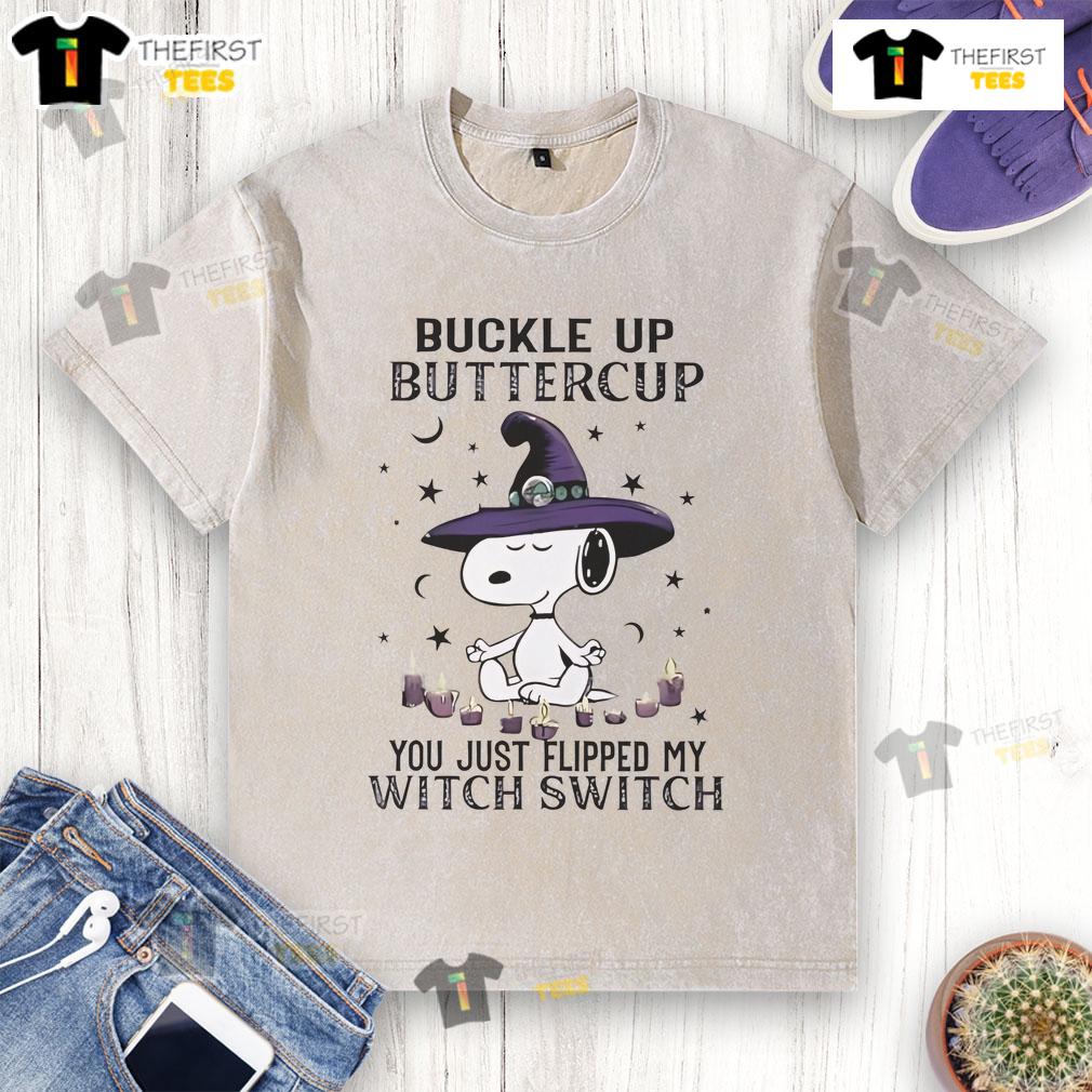Cute Snoopy Halloween Buckle Up Buttercup You Just Flipped My Witch Switch Washed T-Shirt Cute Snoopy Halloween t-shirt with 'Buckle Up Buttercup, You Just Flipped My Witch Switch' graphic design.
