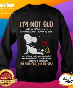 Alt Text: Cute Snoopy sweatshirt with the phrase I'm not old, I woke up, lifted my arms, moved my knees, turned my neck.