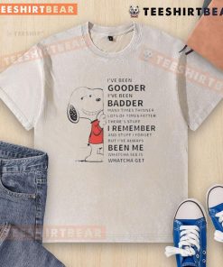 Alt Text: Cute Snoopy 'I've Been Gooder, I've Been Badder' T-shirt, featuring a playful design and vibrant colors, perfect for fans.