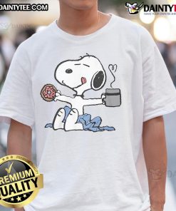 Cute Snoopy Lazy Morning T-Shirt featuring Snoopy lounging in bed, perfect for relaxed mornings and casual wear.
