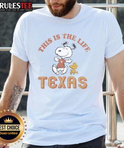 Alt Text: Cute Snoopy This Is The Life Texas Longhorns football T-shirt featuring playful graphics and team colors.