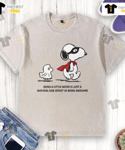 Alt Text: Cute Snoopy and Woodstock on a washed t-shirt, showcasing the fun quote about being awesome and a little weird.