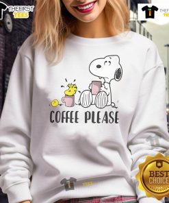 Cute Snoopy and Woodstock Coffee Please sweatshirt, perfect for cozy casual wear and Peanuts fans.
