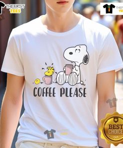 Alt Text: Cute Snoopy Woodstock Coffee Please T-Shirt featuring Snoopy and Woodstock enjoying coffee together in a playful design.
