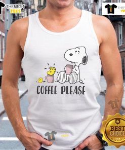 Cute Snoopy and Woodstock coffee please tank top design featuring vibrant graphics and playful characters.