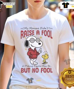 Alt Text: Cute Snoopy and Woodstock graphic on a 'My Momma Didn't Raise A Fool' t-shirt, perfect for playful, humorous fashion.