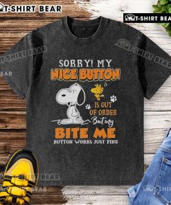 Alt Text: Cute Snoopy and Woodstock graphic on a washed t-shirt, featuring Sorry, my nice button is out of order design.
