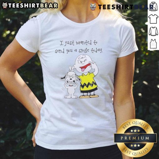 Cute Snoopy and Charlie Brown graphic on a ladies tee with the phrase I Just Wanted To Send You A Smile Today.