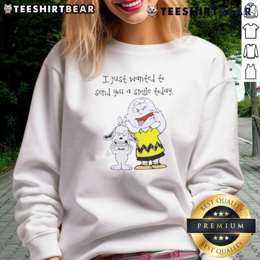Cute Snoopy x Charlie Brown sweatshirt featuring 'I Just Wanted to Send You a Smile Today' text design.