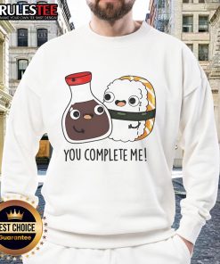 Alt Text: Cute soy sauce and sushi sweatshirt with You Complete Me text, perfect for sushi lovers and foodies.
