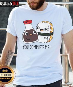 Alt Text: Cute Soy Sauce and Sushi You Complete Me T-Shirt featuring a playful graphic design perfect for sushi lovers.