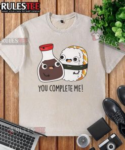 Cute soy sauce and sushi graphic on 'You Complete Me' washed t-shirt, perfect for sushi lovers and casual wear.