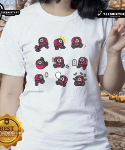 Alt Text: Cute Squid Game supervisor graphic with square, round, and triangle emojis on a ladies tee shirt.