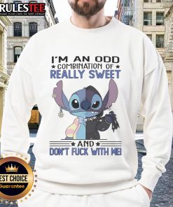 Alt Text: Cute Stitch sweatshirt featuring 'I'm an odd combination of really sweet and don't f*ck with me' design.