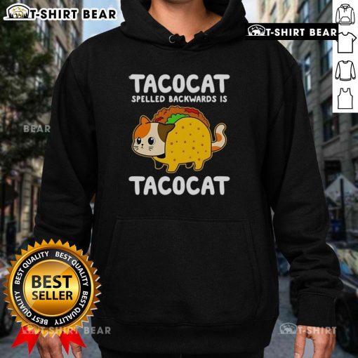 Cute Tacocat hoodie featuring the playful phrase 'Tacocat spelled backwards is Tacocat' in vibrant colors.