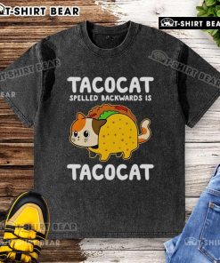 Alt Text: Cute Tacocat washed t-shirt featuring the phrase Tacocat spelled backwards is Tacocat in playful font.