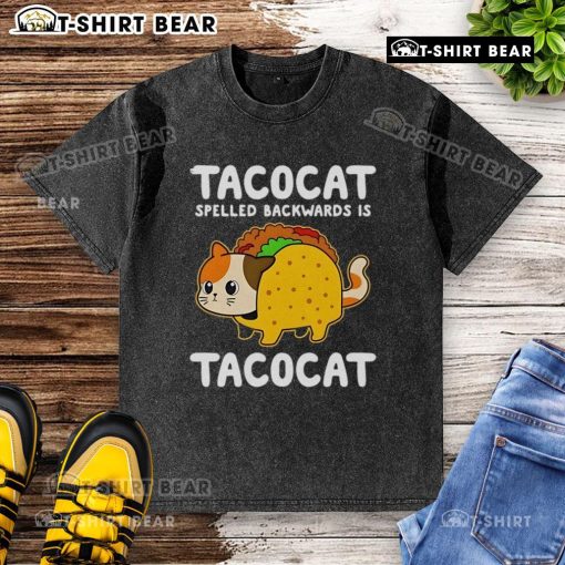 Alt Text: Cute Tacocat washed t-shirt featuring the phrase Tacocat spelled backwards is Tacocat in playful font.