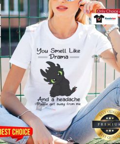 Alt Text: Cute Toothless graphic tee with You Smell Like Drama And A Headache Please Get Away From Me text for ladies.