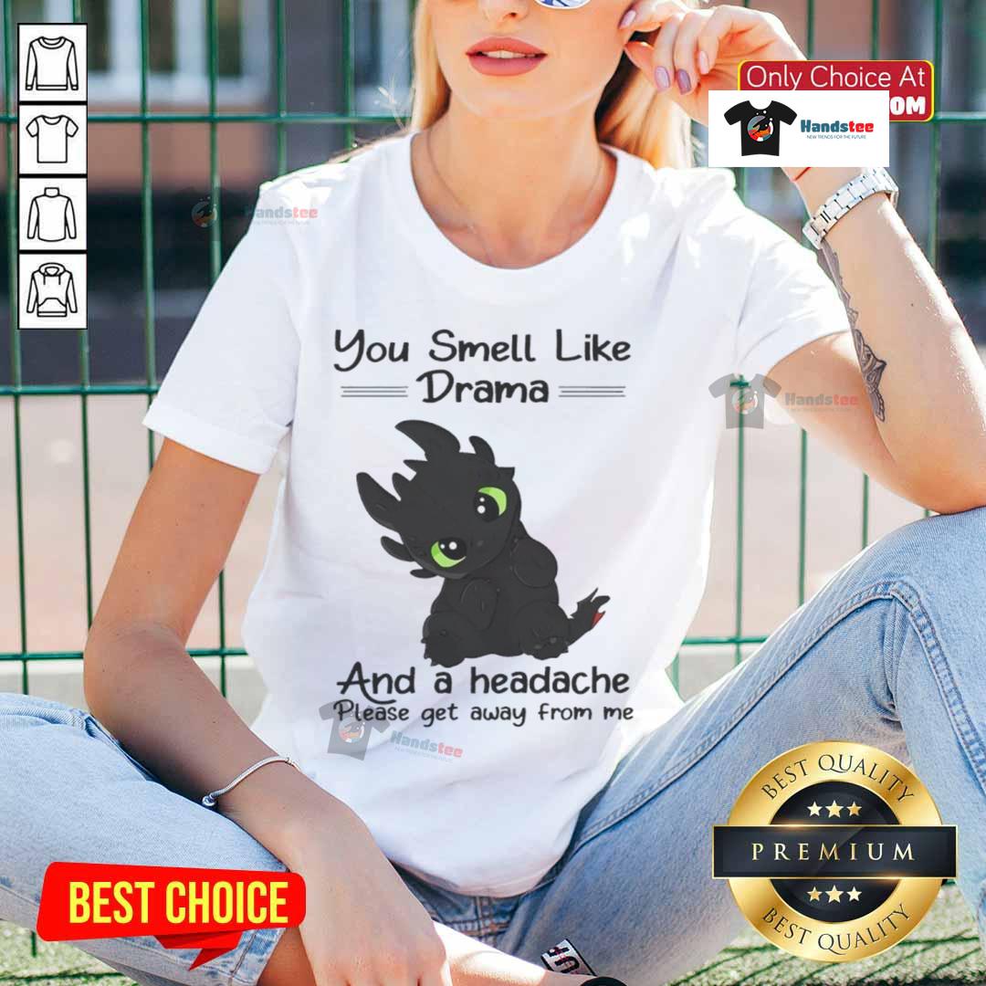 Cute Toothless You Smell Like Drama And A Headache Please Get Away From Me Ladies-Tee Alt Text: Cute Toothless graphic tee with You Smell Like Drama And A Headache Please Get Away From Me text for ladies.