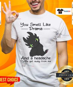 Funny Cute Toothless T-Shirt saying 'You Smell Like Drama And A Headache, Please Get Away From Me' for humor lovers.