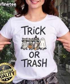 Cute Trick or Trash Halloween raccoon graphic on a ladies tee, perfect for festive fall celebrations.