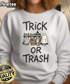 Adorable raccoon in a 'Trick or Trash' Halloween sweatshirt, perfect for festive fall celebrations and cozy attire.