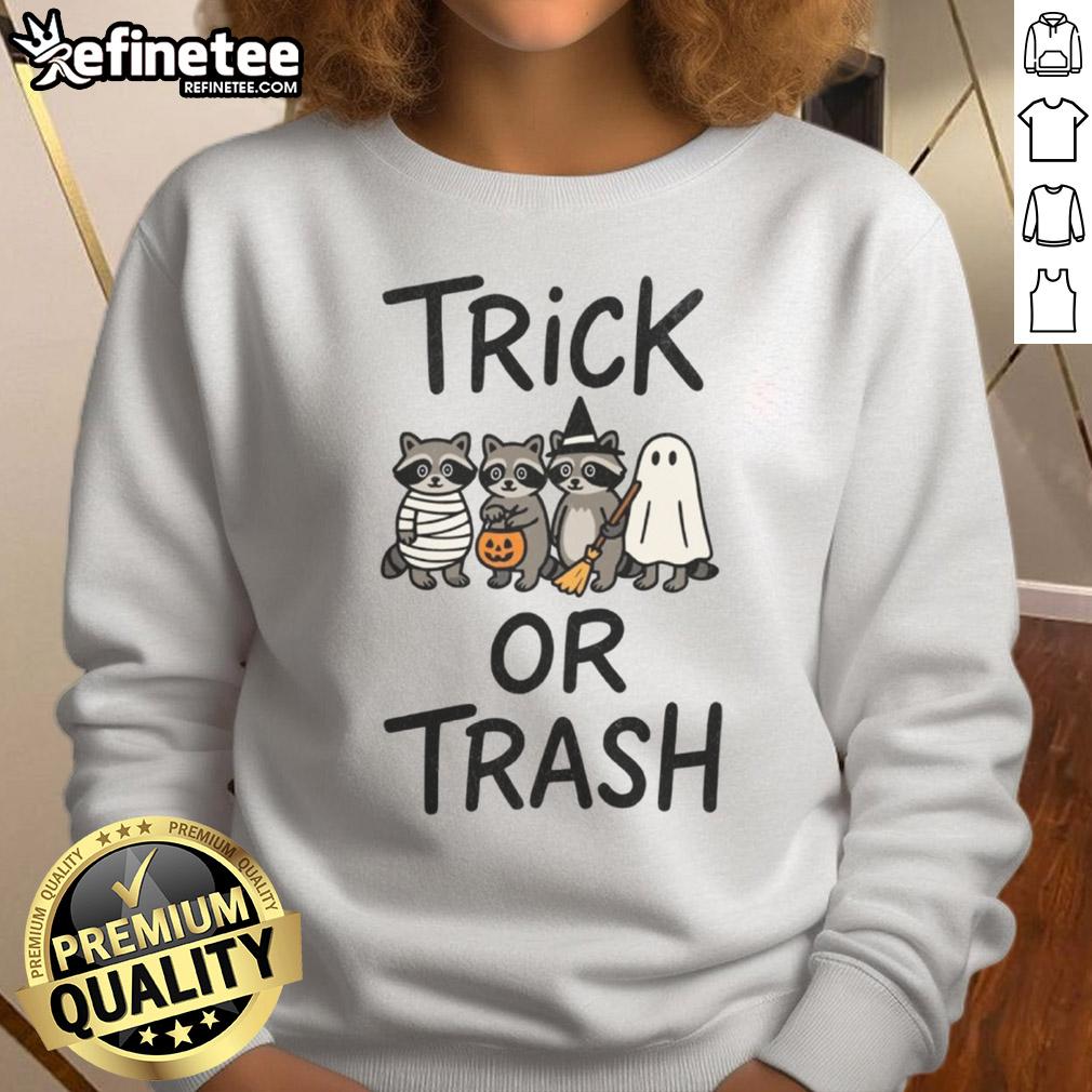 Cute Trick Or Trash Halloween Raccoon Sweatshirt Adorable raccoon in a 'Trick or Trash' Halloween sweatshirt, perfect for festive fall celebrations and cozy attire.