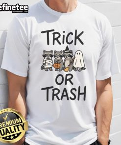 Adorable Trick Or Trash Halloween raccoon t-shirt featuring a playful raccoon design perfect for Halloween festivities.