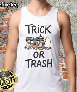 Adorable raccoon in a 'Trick or Trash' Halloween tank top, perfect for festive autumn outfits and Halloween celebrations.