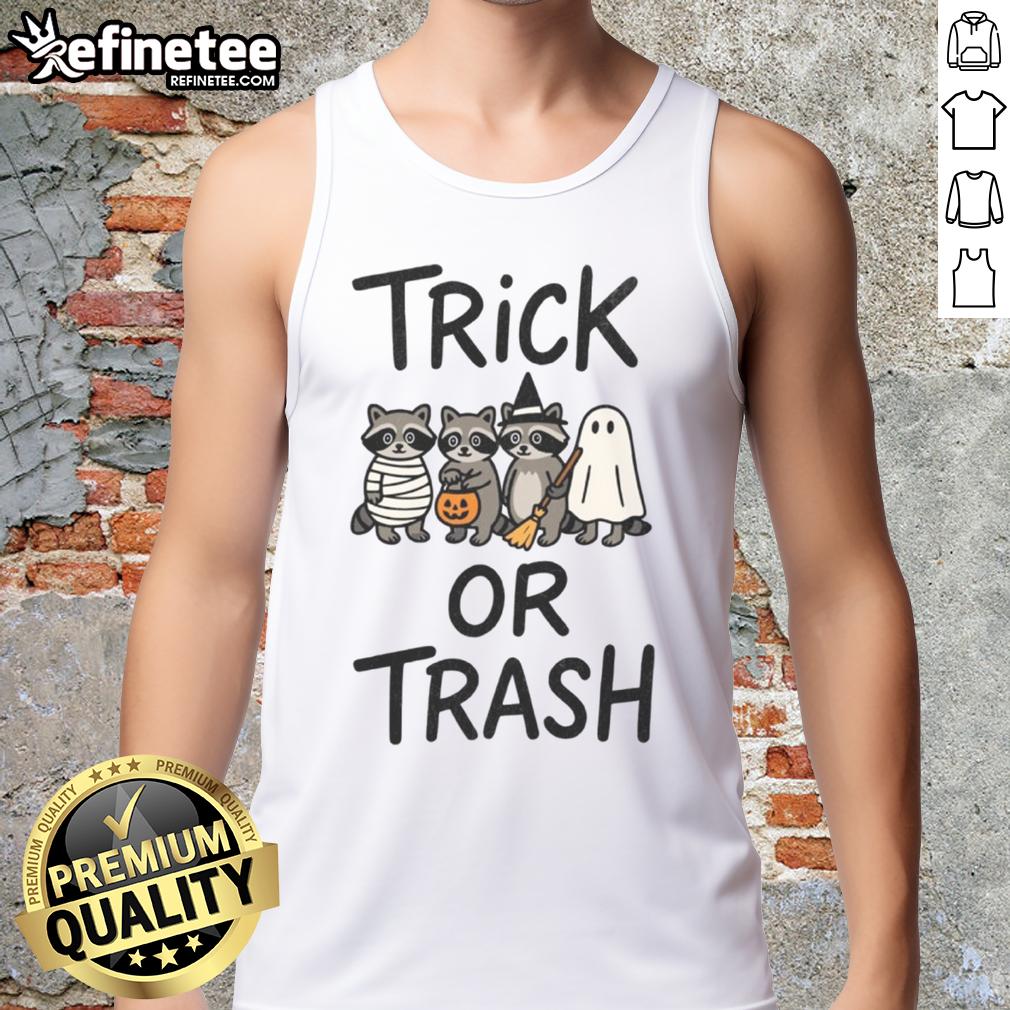 Cute Trick Or Trash Halloween Raccoon Tank Top Adorable raccoon in a 'Trick or Trash' Halloween tank top, perfect for festive autumn outfits and Halloween celebrations.